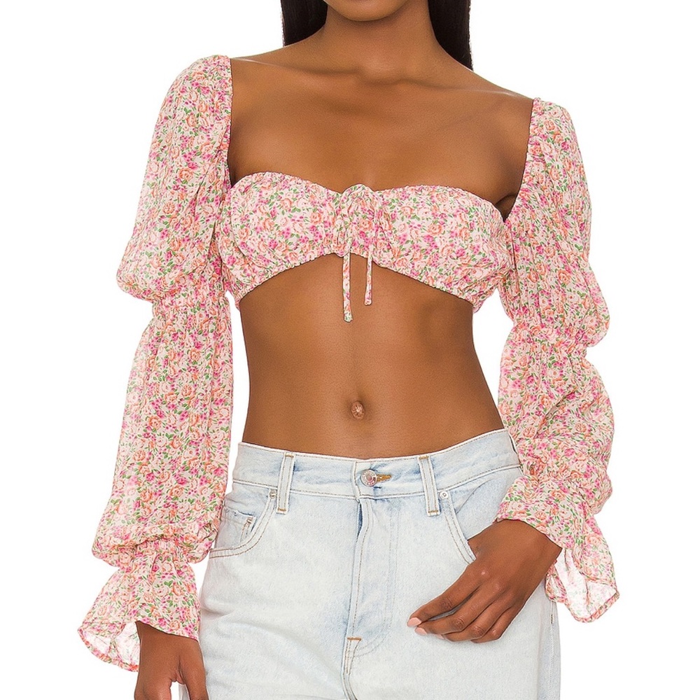 Krista Floral crop top off shoulder long sleeve